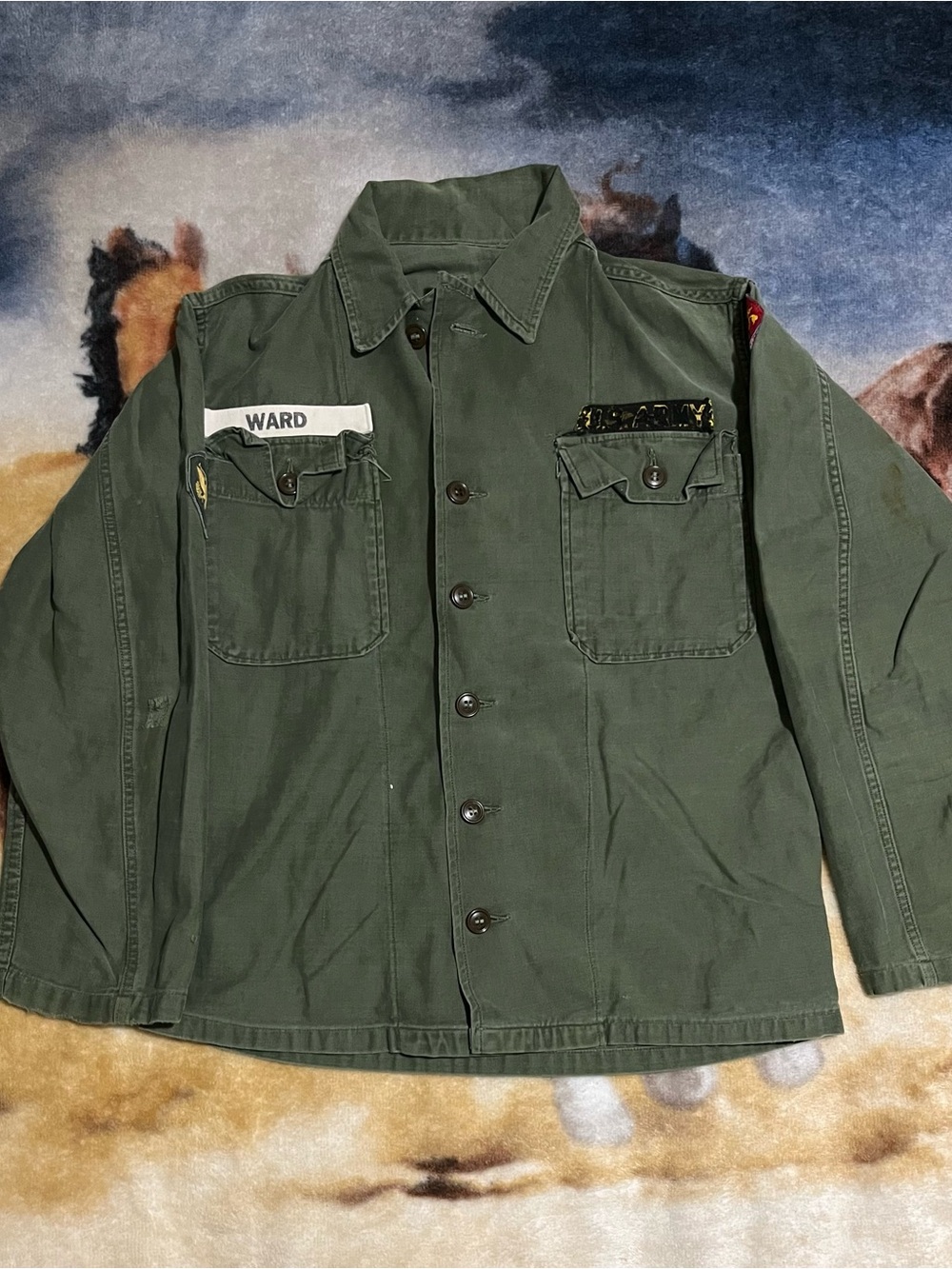 VINTAGE 1960'S Small U.S. ARMY BUTTON DOWN COTTON SHIRT OG-107 GREEN